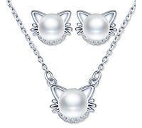 Ensembles de bijoux en perles, en argent 925, Collier perle de chat pour femme, Boucles d'oreilles perle de chat mignon, Zircon incrusté, Cadeau de Noël et Anniversaire
