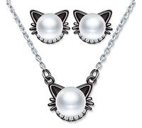 Ensembles de bijoux en perles, en argent 925, Collier perle de chat pour femme, Boucles d'oreilles perle de chat mignon, Zircon incrusté, Cadeau de Noël et Anniversaire