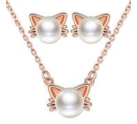 Ensembles de bijoux en perles, en argent 925, Collier perle de chat pour femme, Boucles d'oreilles perle de chat mignon, Cadeau de Noël et Anniversaire