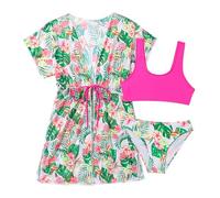 Ensembles de Bikini 3 Pieces Maillot De Bain Enfant Fille 1-5 Ans Haut De Maillot De Bain Debardeur + Tanga + Paréo Manche Courte Fille Floral Chic Pas Cher Plage Piscine (Rouge, 8 Ans)