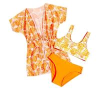 Ensembles de Bikini 3 Pieces Maillot De Bain Enfant Fille 8-11 Ans Haut De Maillot De Bain Debardeur + Tanga + Paréo Manche Courte Fille Floral Chic Pas Cher Plage Piscine (Orange, 9 Ans)