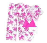 Ensembles de Bikini 4 Pieces Pas Cher Maillot De Bain Ado Fille 7-11 Ans Tropical Haut De Maillot De Bain + Tanga + Pantalon + Paréo Manche Courte Enfant Fille Plage Piscine (Rose, 7-8 Ans)