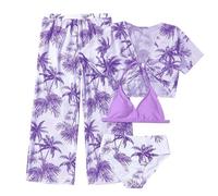 Ensembles de Bikini 4 Pieces Pas Cher Maillot De Bain Ado Fille 7-11 Ans Tropical Haut De Maillot De Bain + Tanga + Pantalon + Paréo Manche Courte Enfant Fille Plage Piscine (Violet, 11-12 Ans)