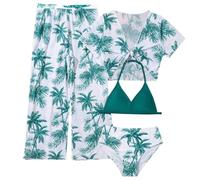 Ensembles de Bikini 4 Pieces Pas Cher Maillot De Bain Ado Fille 7-11 Ans Tropical Haut De Maillot De Bain + Tanga + Pantalon + Paréo Manche Courte Enfant Fille Plage Piscine (Turquoise, 9-10 Ans)