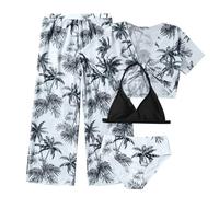 Ensembles de Bikini 4 Pieces Pas Cher Maillot De Bain Ado Fille 7-11 Ans Tropical Haut De Maillot De Bain + Tanga + Pantalon + Paréo Manche Courte Enfant Fille Plage Piscine (Noir, 8-9 Ans)