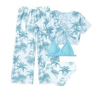 Ensembles de Bikini 4 Pieces Pas Cher Maillot De Bain Ado Fille 7-11 Ans Tropical Haut De Maillot De Bain + Tanga + Pantalon + Paréo Manche Courte Enfant Fille Plage Piscine (MG, 9-10 Ans)