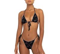 Ensembles de Bikini imprimé Noir pour Femmes, Maillots de Bain Deux pièces, Bikini Triangle à ficelles, Enfiler Halter, String Sexy, Bikini Tanga, Maillot de Bain pour Femmes