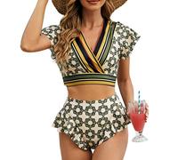 Ensembles de Bikini pour Femme Maillot de Bain 2 Pièces Col en V Ourlet à Volants Manches Courtes Taille Haute Cravates Short Triangulaire Dos Nu Motif Vintage Ensemble de Bikini Maillots de(L-Vert)