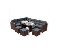 Salon De Jardin Marron En Rotin Pour 9 Personnes Ensemble Table & Sièges Avec Coussins Ultra Epais & Lavable - Anti-Uv - Aménagement Extérieur Terrasse Patio Piscine [Housse De Protection Incluse] Mar