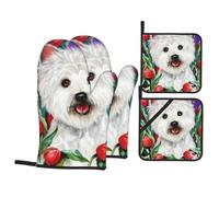 Ensembles de Gants de Four et de Porte-casseroles, Gant de Cuisine et manique 4 pièces pour la Cuisson du Barbecue, Tulipe West Highland White Terrier Dog