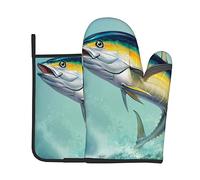 Ensembles de Gants de Four et maniques imprimés Fish Jumping of The Sea, lavables, résistants à la Chaleur, antidérapants et antidérapants pour Micro-Ondes, Barbecue, Cuisson, grillades