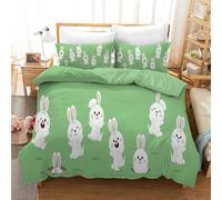 Ensembles de Housse de Couette 3 pièces Vert Herbe Housse de Couette Lapin Blanc Mignon de Dessin animé 2 taies d'oreiller Housse de Couette Respirante pour Adultes et Enfants 140x200 cm