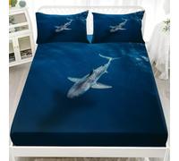 Ensembles de literie Bleu Draps Housses 90x190x30 cm 1 Personnes Lit, Respirant Drap Housse Enfant Adulte Animaux Marins Requins avec 2 Taies d'oreillers pour 5-30 cm Matelas