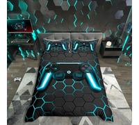 Ensembles de Literie Gamer 200x200 pour Garçons,Housse de Couette Gaming Enfants Housse Couette Jeux Vidéo,Parure de Lit Manette de Jeu Géométrique Nid D'Abeille pour La Chambre Des Adolescents