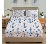 Ensembles de literie Imprimé Ancre Nautique Draps Housses 140x190x30 cm pour 2 Personnes, Respirant Drap Housse Enfant Adulte Bleu Et Blanc avec 2 Taies d'oreillers pour 5-30 cm Matelas