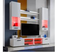 Ensembles de meubles TV Varallo Komodee - LED RGB - Blanc Brillant & Blanc - Façades en Brillant - L200cm x H195cm x P45cm