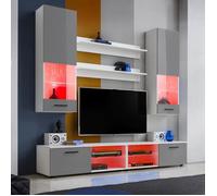 Ensembles de meubles TV Varallo Komodee - LED RGB - Gris Brillant & Blanc - Façades en Brillant - L200cm x H195cm x P45cm