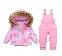 Ensembles de Neige Veste Enfant Imprimé Amour, Hiver Ensemble en Duvet de Ski-Doudoune Manteau avec Neige Bavoir Pantalon Zippé pour Alpinisme Ski Moto, Combinaison d'hiver chaude Garçons Filles