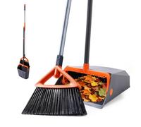 Ensembles de pelle à poussière et balayette, pelle à poussière à grande capacité avec dents de peigne, balai robuste à poils droits en PP de 122 cm pour nettoyer les feuilles tombées et la poussière