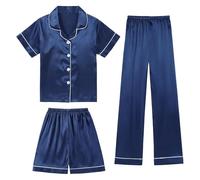 Ensembles de Pyjama 3 Pièces Fille 3-13 Ans Couleur Unie Ensemble Ete Fille Vetements de Nuit Pyjama Enfant Ete Chemise +Shorts et Bermudas+Pantalon Vêtements D'intérieur (Dark Blue, 12-13 Years)