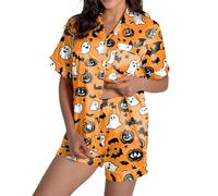 Ensembles de pyjama confortables pour femmes pour Halloween Design élégant à col rond avec motif décoratif Parfait pour les saisons d'automne et d'hiver Polyvalent pour une Body Noir (Orange, L)
