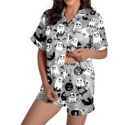 Ensembles de pyjama confortables pour femmes pour Halloween Design élégant à col rond avec motif décoratif Parfait pour les saisons d'automne et d'hiver Polyvalent pour une tenue Nuisette En (Grey, L)