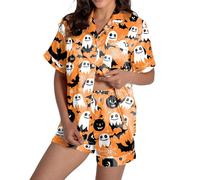 Ensembles de pyjama confortables pour femmes pour Halloween Design élégant à col rond avec motif décoratif Parfait pour les saisons d'automne et d'hiver Polyvalent pour une tenue (Orange, XXL)