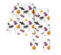 Ensembles de Pyjama Enfant Fille Halloween avec et col Rond Ample, Pajamas Set Manches Longues et Pantalon Long fantôme Imprimé, Pyjama Enfant Fille Hiver Chaud Casual, 2-10 Ans (White, 4-5 Years)