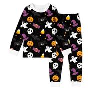 Ensembles de Pyjama Enfant Fille Halloween avec et col Rond, Pajamas Set Manches Longues Coton et Pantalon Long fantôme Imprimé, Pyjama Enfant Fille Hiver Chaud Casual, 2-10 Ans (Black, 8-9 Years)