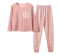 Ensembles de Pyjama Femme Coton Hiver Chaud Combinaison Pyjama Col Ronde Manches Longues et Pantalon Ado Fille Confortable et Décontracté Tenue de Nuit Noël