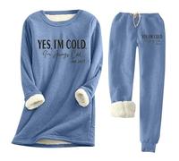 Ensembles De Pyjama Femme, Ensemble De Chemises Confortables Femme, Automne Et Hiver, Oui, J'Ai Froid Imprimé Et Épais, Coupe Slim, Doux Et Confortable, Ensemble Chaud des Femmes, (Blue, L)