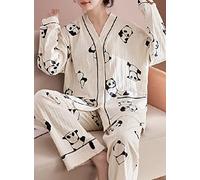 Ensembles De Pyjama Femme,Ensemble De Pyjama en Polyester pour Femmes À Col en V Imprimé Panda Ensemble De Pyjama À Manches Longues pour Femme en Vrac pour Femme, Cadeau De Festival Adapté À La