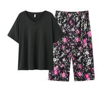 Ensembles De Pyjama Femme Ensemble Ete Pantalon Satin Bas Short Manches Courtes 2 Pièces Coton Vêtements Nuit Grande Taille Léger Col V Été En À Longues Court Chic Pantacourt Pieces,b-Rose vif,3XL