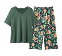Ensembles De Pyjama Femme Ensemble Short Ete Coton Léger En À Manches Longues Col V Bas Courtes Pantalon Court Grande Taille 2 Pieces Pantacourt Été Haute Pièces Vêtements Nuit Chic,k-Vert,5XL