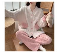 Ensembles de Pyjama Femme Ensembles de pyjama en velours de corail épais for filles, vêtements de détente à simple boutonnage, vêtements de nuit chauds d'hiver, pyjama doux for femmes(Beige,XL(57-65kg