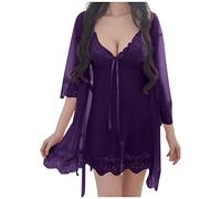 Ensembles de Pyjama Femme ete Dentelle Pas Cher Nuisette Sexy Femme érotique Transparente Kimono Robe de Chambre Femme en Tulle et String Lingerie Sexy Femme Coquine Hot 3 (Dark Purple, XXXL)