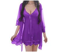 Ensembles de Pyjama Femme ete Dentelle Pas Cher Nuisette Sexy Femme érotique Transparente Kimono Robe de Chambre Femme en Tulle et String Lingerie Sexy Femme Coquine Hot 3 Pieces (Purple, M)