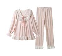 Ensembles de Pyjama Femme Hiver Long en Velours, Loungewear 2 Pièces Doux et Chaud: Chemise Manches Longues Col V à Dentelle et Volants et Pantalon Taille Elastique, Vêtements de Nuit Mignon Chic