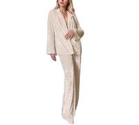 Ensembles de Pyjama Femme Hiver Long en Velours Luxe, Vêtements de Nuit 2 Pièces Doux Chaud: Chemise Manches Longues Ouverture à Boutons + Pantalon Large Taille Elastique, Loungewear Chic et Elegant