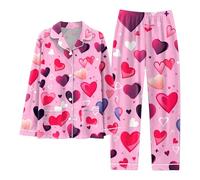 Ensembles De Pyjama Femme Impression d'amour, 2 PièCes Chemise À Manches Longues Et Pantalon Pyjama Femme, VêTements De Nuit Femme, Doux Et Confortable avec Poches pour Loisir De La Maison Hiver