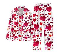 Ensembles De Pyjama Femme Impression d'amour, 2 PièCes Chemise À Manches Longues Et Pantalon Pyjama Femme, VêTements De Nuit Femme, Doux Et Confortable avec Poches pour Loisir De La Maison Hiver