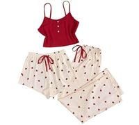 Ensembles De Pyjama Femme Peignoir Grande Taille Women S Pieces Pajamas Heart Print Shorts Pants PJ Sets Sleepwear Short Noir Femme Pyjama Pijamas Hiver Doux Red M