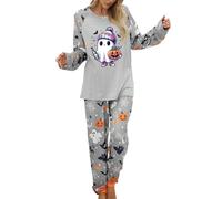 Ensembles de Pyjama Femme Pyjama femme Halloween 2 pièces Ensemble Maison Manches Longues et Pantalon imprimé Citrouille chauve-souris Tenue d’intérieur Confortable Automne Hiver Fête (02 Grey, XXL)