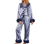 Ensembles de Pyjama Femme Rayée en Soie Pyjama Femme Hiver à Fourrées Vêtements de Nuit Chic Chemise Manches Longues et Pantalon Taille Elastique Doux Loungewear Chaud Ensemble 2 Pieces Haut et Bas