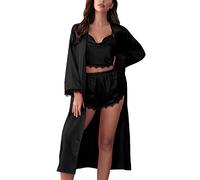 Ensembles De Pyjama Femme Sexy Chic Pyjama Satin de 3 Pièces Ensembles de Nightdress Sensuelle Camisole Lingerie Pantalon Longue Vêtements de Nuit Classique Homewear Kaki,A,Noir Tailles du S au XXL