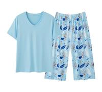 Ensembles De Pyjama Femme,Vetement Femme,Ensemble Pyjama Femme Confort Haut Court et Pantalon Capri pour Nuits détentes Couture sans fioritures Style Pratique et Durable (Light Blue, XXXL)