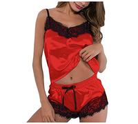 Ensembles de Pyjama Femmes Sexy Chaud Chic été Caraco Satin en Soie Short Dentelle 2 Pièce Court Mignon Doux Bas de Pyjamas Pyjashort Nuisette Lingerie Nuit Femme