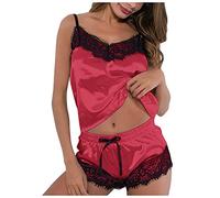Ensembles de Pyjama Femmes Sexy Chaud Chic été Caraco Satin en Soie Short Dentelle 2 Pièce Court Mignon Doux Bas de Pyjamas Pyjashort Nuisette Lingerie Nuit Femme