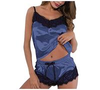 Ensembles de Pyjama Femmes Sexy Chaud Chic été Caraco Satin en Soie Short Dentelle 2 Pièce Court Mignon Doux Bas de Pyjamas Pyjashort Nuisette Lingerie Nuit Femme