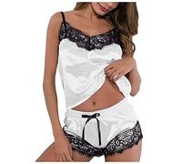 Ensembles de Pyjama Femmes Sexy Chaud Chic été Caraco Satin en Soie Short Dentelle 2 Pièce Court Mignon Doux Bas de Pyjamas Pyjashort Nuisette Lingerie Nuit Femme